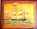 Box with picture of the sailing ship Imaum of the harbor Salem in the USA